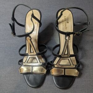 Kate Spade Eiffel Tower Heels Black & Gold Strappy Sandals Size 6.5
